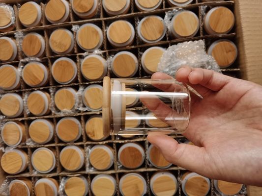 scatola metallica di legno del barattolo del vetro borosilicato del coperchio di aspirazione 3oz per l'esposizione di stoccaggio
